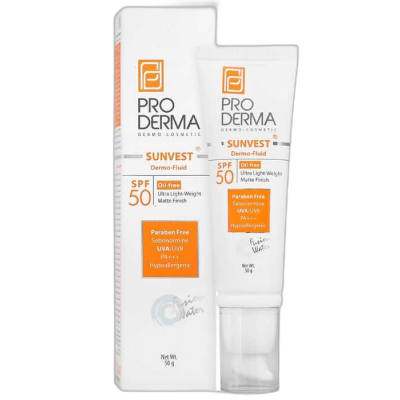 مای دارو - فلوئید ضد آفتاب فاقد چربی SPF50 پرودرما مناسب پوست ‌های چرب و جوش دار